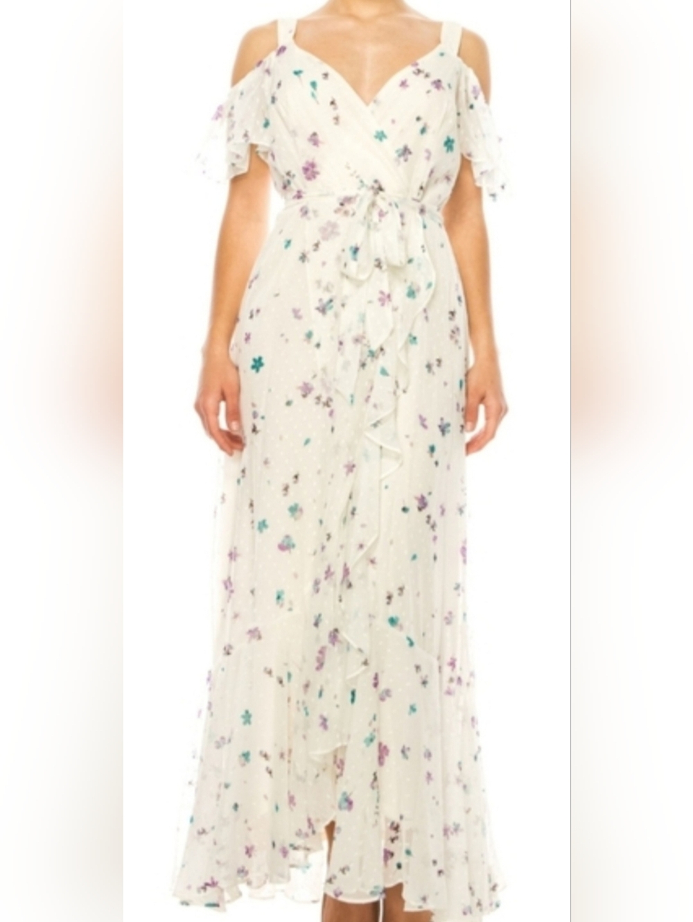 Melonie Women's Chiffon Rushed White Floral Cold-Shoulder Maxi Dress 14/Large